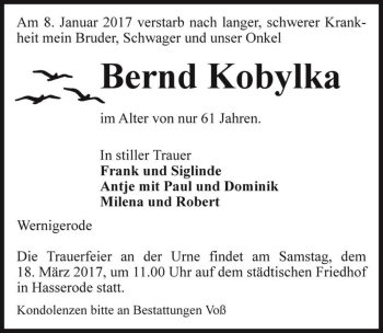 Traueranzeige von Bernd Kobylka  von Magdeburger Volksstimme