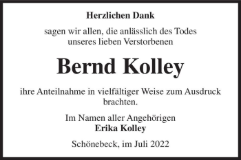 Traueranzeige von Bernd Kolley  von Magdeburger Volksstimme