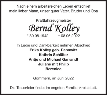 Traueranzeige von Bernd Kolley  von Magdeburger Volksstimme