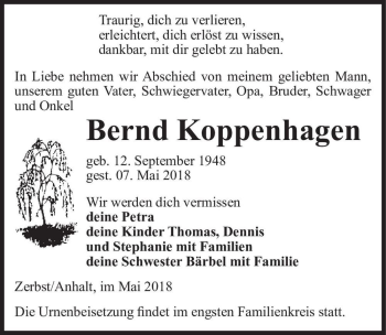 Traueranzeige von Bernd Koppenhagen  von Magdeburger Volksstimme