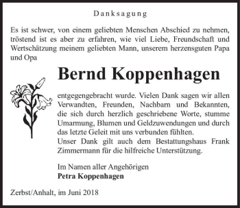 Traueranzeige von Bernd Koppenhagen  von Magdeburger Volksstimme