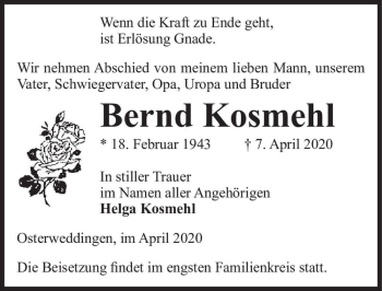 Traueranzeige von Bernd Kosmehl  von Magdeburger Volksstimme