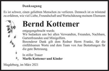 Traueranzeige von Bernd Kottemer  von Magdeburger Volksstimme