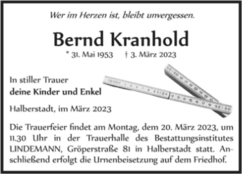 Traueranzeige von Bernd Kranhold  von Magdeburger Volksstimme