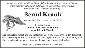 Traueranzeige von Bernd Krauß  von Magdeburger Volksstimme