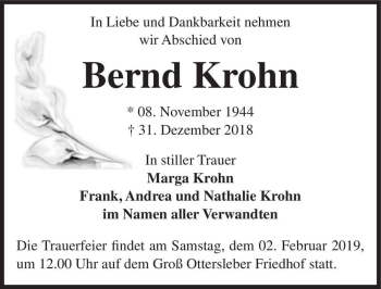 Traueranzeige von Bernd Krohn  von Magdeburger Volksstimme
