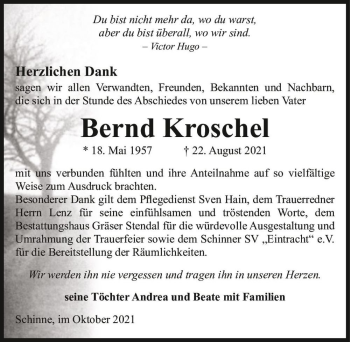 Traueranzeige von Bernd Kroschel  von Magdeburger Volksstimme