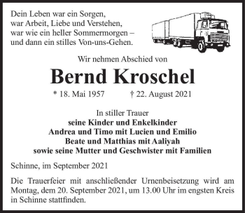 Traueranzeige von Bernd Kroschel  von Magdeburger Volksstimme