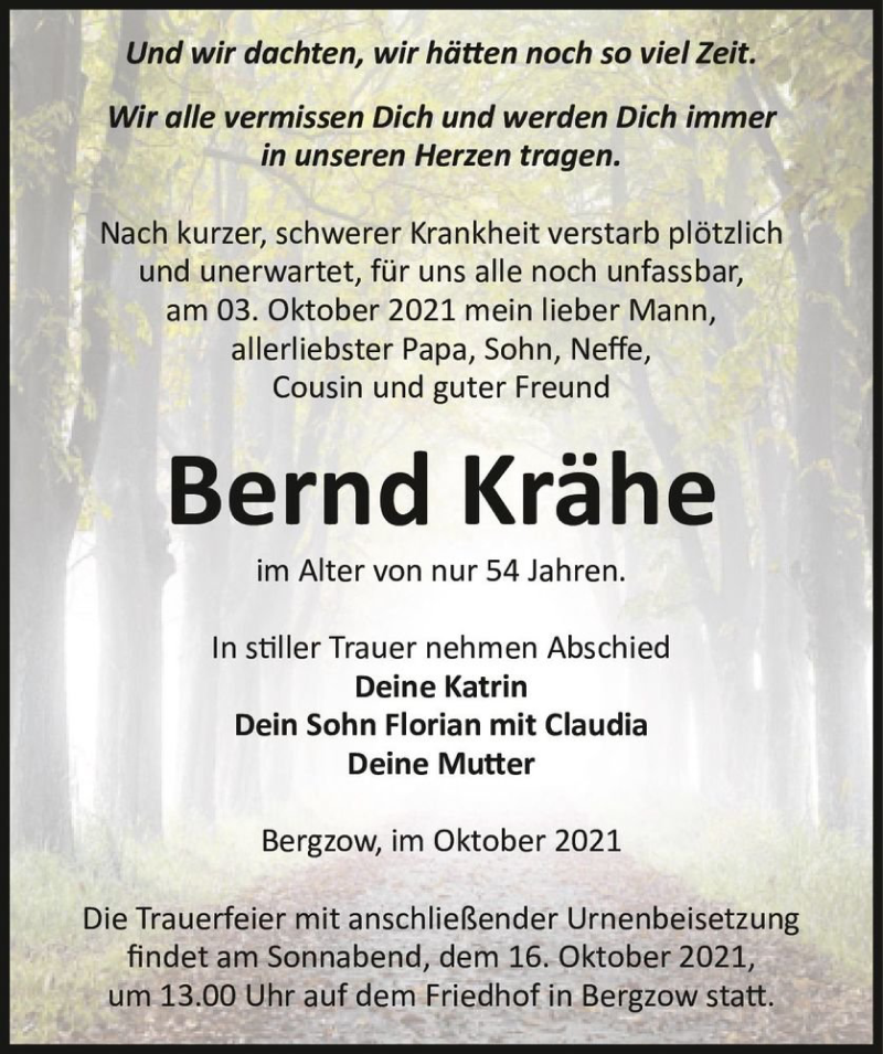  Traueranzeige für Bernd Krähe  vom 09.10.2021 aus Magdeburger Volksstimme