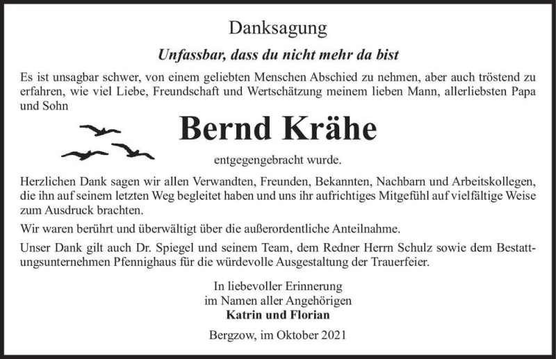  Traueranzeige für Bernd Krähe  vom 23.10.2021 aus Magdeburger Volksstimme