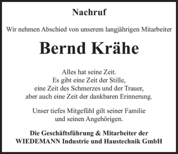 Traueranzeige von Bernd Krähe  von Magdeburger Volksstimme