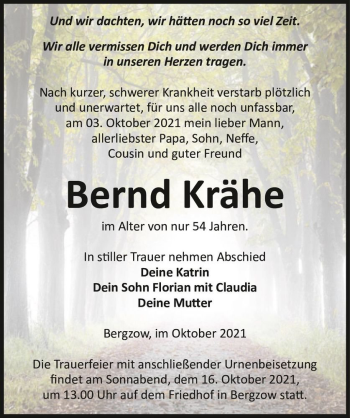 Traueranzeige von Bernd Krähe  von Magdeburger Volksstimme