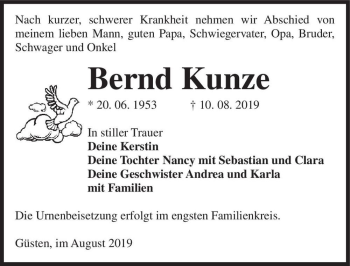 Traueranzeige von Bernd Kunze  von Magdeburger Volksstimme