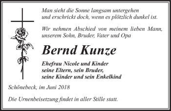Traueranzeige von Bernd Kunze  von Magdeburger Volksstimme