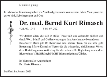 Traueranzeige von Bernd Kurt Rimasch  von Magdeburger Volksstimme