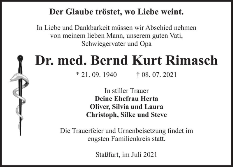  Traueranzeige für Bernd Kurt Rimasch  vom 17.07.2021 aus Magdeburger Volksstimme