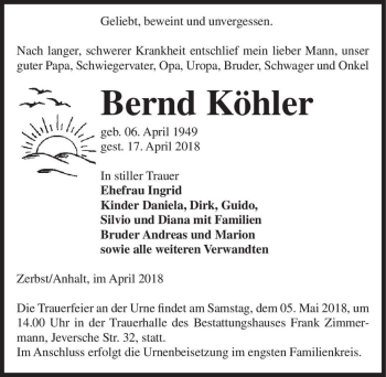 Traueranzeige von Bernd Köhler  von Magdeburger Volksstimme