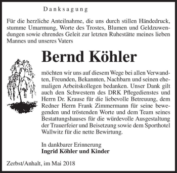 Traueranzeige von Bernd Köhler  von Magdeburger Volksstimme