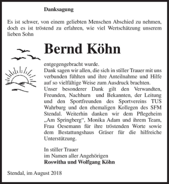 Traueranzeige von Bernd Köhn  von Magdeburger Volksstimme