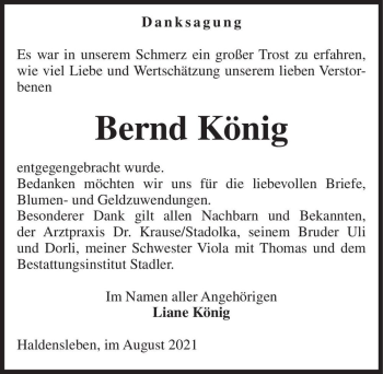 Traueranzeige von Bernd König  von Magdeburger Volksstimme