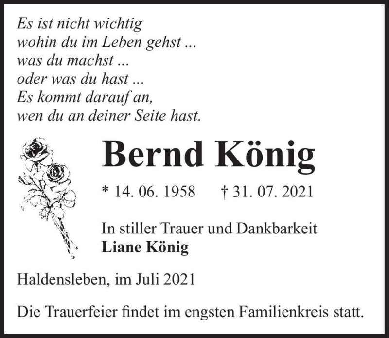  Traueranzeige für Bernd König  vom 07.08.2021 aus Magdeburger Volksstimme