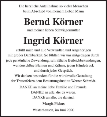 Traueranzeige von Bernd Körner und Ingrid Körner  von Magdeburger Volksstimme