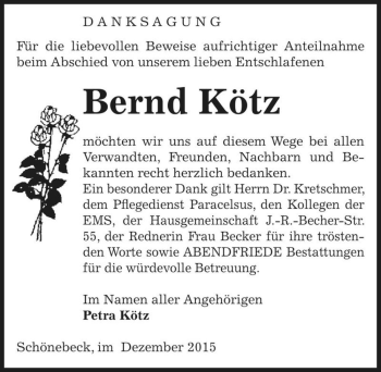 Traueranzeige von Bernd Kötz  von Magdeburger Volksstimme