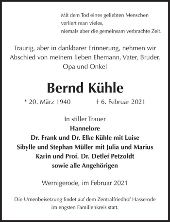 Traueranzeige von Bernd Kühle  von Magdeburger Volksstimme