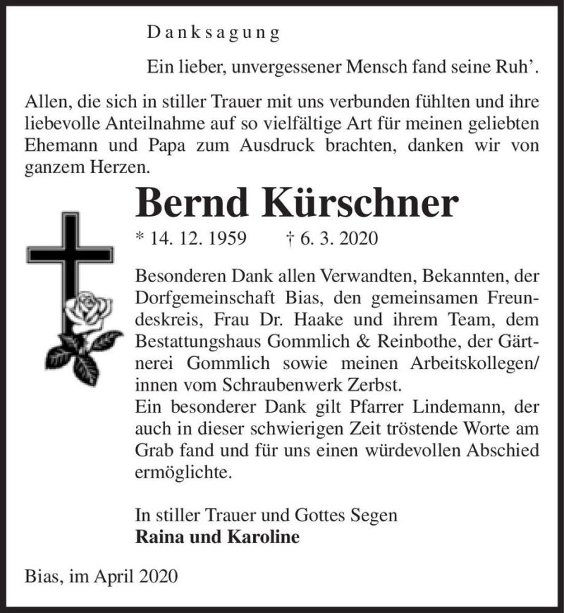  Traueranzeige für Bernd Kürschner  vom 11.04.2020 aus Magdeburger Volksstimme