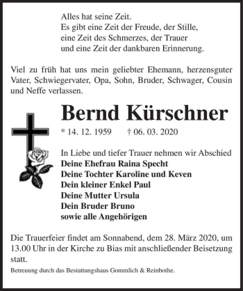 Traueranzeige von Bernd Kürschner  von Magdeburger Volksstimme