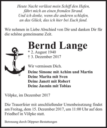 Traueranzeige von Bernd Lange  von Magdeburger Volksstimme
