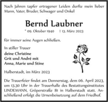 Traueranzeige von Bernd Laubner  von Magdeburger Volksstimme