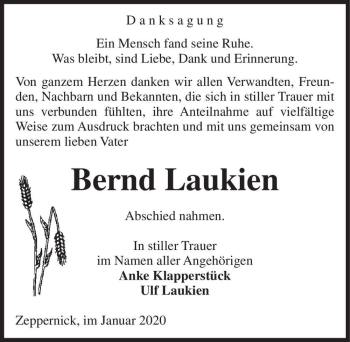 Traueranzeige von Bernd Laukien  von Magdeburger Volksstimme