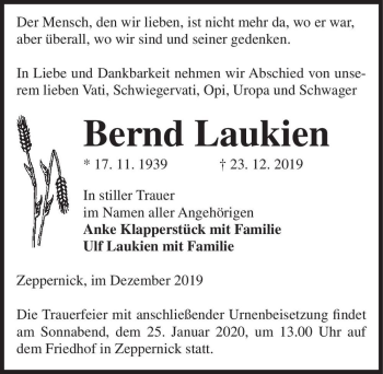 Traueranzeige von Bernd Laukien  von Magdeburger Volksstimme