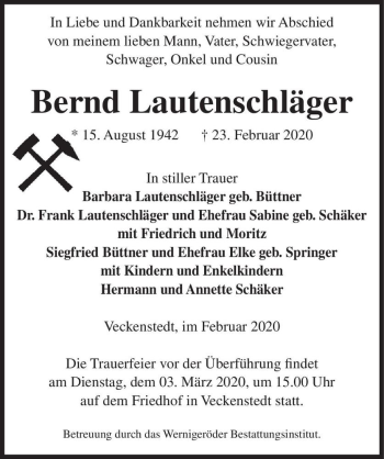 Traueranzeige von Bernd Lautenschläger  von Magdeburger Volksstimme