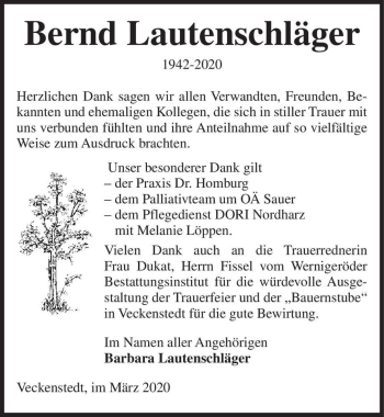 Traueranzeige von Bernd Lautenschläger  von Magdeburger Volksstimme