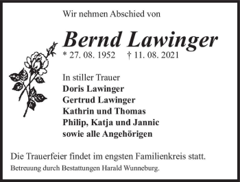Traueranzeige von Bernd Lawinger  von Magdeburger Volksstimme