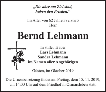 Traueranzeige von Bernd Lehmann  von Magdeburger Volksstimme