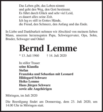 Traueranzeige von Bernd Lemme  von Magdeburger Volksstimme
