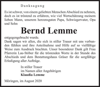 Traueranzeige von Bernd Lemme  von Magdeburger Volksstimme