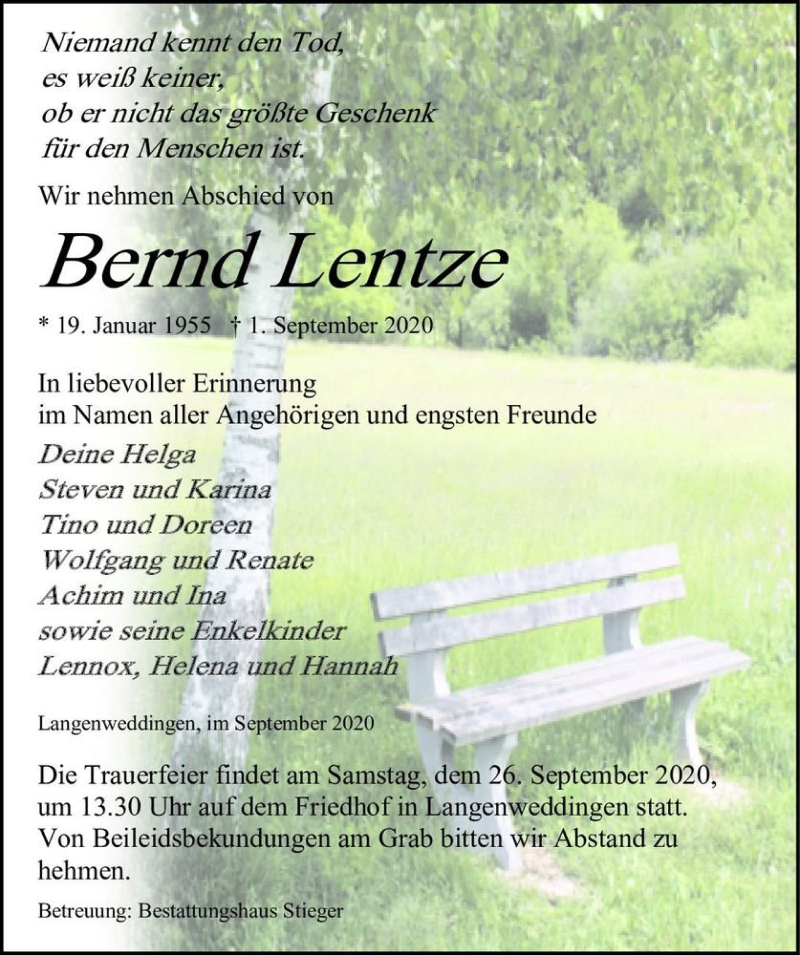  Traueranzeige für Bernd Lentze  vom 19.09.2020 aus Magdeburger Volksstimme