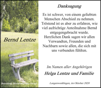 Traueranzeige von Bernd Lentze  von Magdeburger Volksstimme