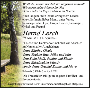 Traueranzeige von Bernd Lerch  von Magdeburger Volksstimme