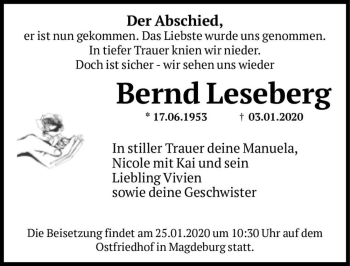 Traueranzeige von Bernd Leseberg  von Magdeburger Volksstimme