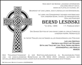 Traueranzeige von Bernd Lesinski  von Magdeburger Volksstimme