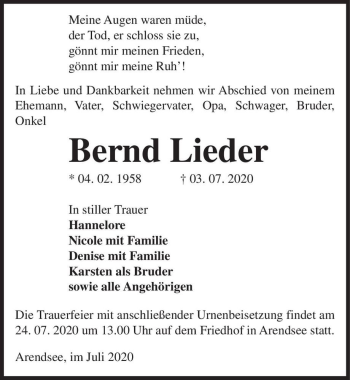 Traueranzeige von Bernd Lieder  von Magdeburger Volksstimme