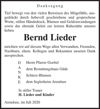 Traueranzeige von Bernd Lieder  von Magdeburger Volksstimme