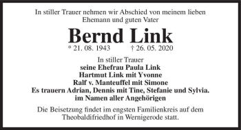 Traueranzeige von Bernd Link  von Magdeburger Volksstimme