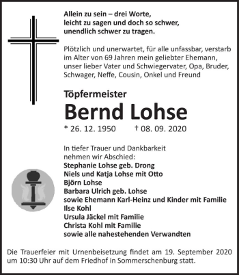 Traueranzeige von Bernd Lohse  von Magdeburger Volksstimme