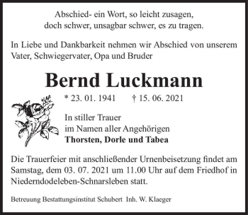 Traueranzeige von Bernd Luckmann  von Magdeburger Volksstimme